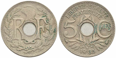 ФРАНЦИЯ 5 САНТИМОВ 1935 ТИП ЛИНДАЙЁ KM 875, LE FRANC 122.18 медно-никель 105-366