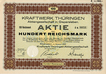 Германия 100 рейхсмарок 1929 АО Электростанция Тюрингии, акция   бумага   8801-109-1