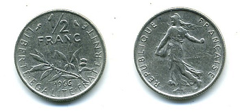 ФРАНЦИЯ 1/2 ФРАНКА 1966 СЕЯТЕЛЬ KM 931.1, LE FRANC 198.5 никель 3999-757
