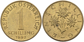 АВСТРИЯ 1 ШИЛЛИНГ 1992 КМ 2886 алюминиевая бронза 4573-314