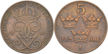 Швеция 5 эре 1925 Густав V (1907-1950) KM 779.2 бронза 69-535