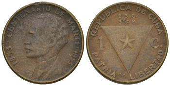 Куба 1 сентаво 1953 100 лет со дня рождения Хосе Марти KM 26, JMA 7, Y 20, Schoen 24 латунь 4611-1216