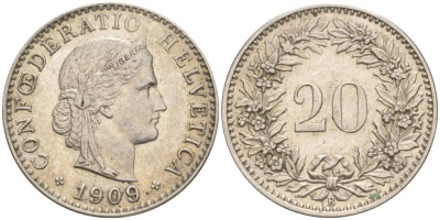 ШВЕЙЦАРИЯ 20 РАППЕНОВ 1909 В KM 29 никель 55-624