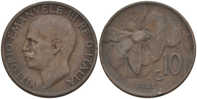 Италия 10 чентезимо 1921 R, пчела, Виктор Эммануил (1900-1946) KM 60 медь 4116-1245