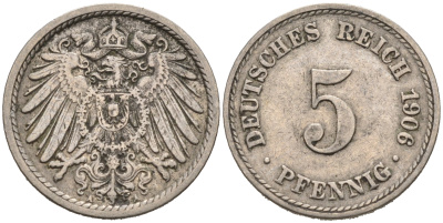 ГЕРМАНИЯ 5 ПФЕННИГОВ 1906 A, KM 11, J. 12 медно-никель 75-955
