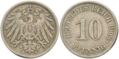 ГЕРМАНИЯ 10 ПФЕННИГОВ 1908 A KM 12, J. 13 медно-никель 31-336