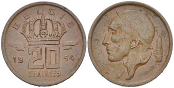 БЕЛЬГИЯ 20 САНТИМОВ 1954 BELGIE KM 147.1 бронза 218-1216