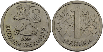 ФИНЛЯНДИЯ 1 МАРКА 1989 М KM 49а медно-никель 28-155