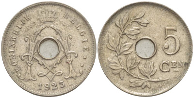 БЕЛЬГИЯ 5 САНТИМОВ 1923 BELGIE KM 67 медно-никель 4551-914