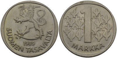 ФИНЛЯНДИЯ 1 МАРКА 1989 М KM 49а медно-никель 28-155