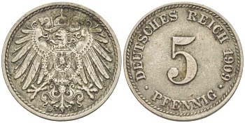 ГЕРМАНИЯ 5 ПФЕННИГОВ 1909 D KM 11, J. 12 медно-никель 105-141