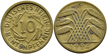 Германия 10 рентенпфеннигов 1924 G KM 33, J. 309, Weege 8 алюминиевая бронза 4390-833