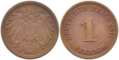 ГЕРМАНИЯ 1 ПФЕННИГ 1911 D KM 10, J. 10, Weege 2 медь 211-435