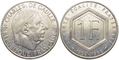 ФРАНЦИЯ 1 ФРАНК 1988 ШАРЛЬ ДЕ ГОЛЛЬ, 30 ЛЕТ РЕСПУБЛИКЕ KM 943, LA FRANC 227.2 никель 175-553