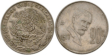 Мексика 20 сентаво 1977 Франциско Индалеси KM 442 медно-никель 4154-961