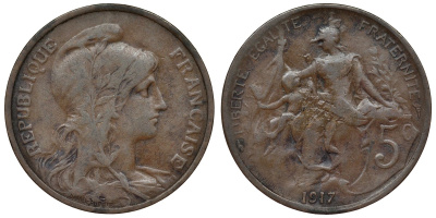 Франция 5 сантимов 1917 тип Даниэль Дюпуи KM 842, Le Franc 119.30 бронза 4128-121