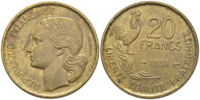 ФРАНЦИЯ 20 ФРАНКОВ 1951 ПЕТУХ, 4 ПЕРА KM 917.1, LE FRANC 402.7 алюминиевая бронза 3856-424