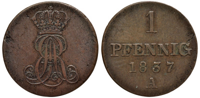 Ганновер 1 пфенниг 1837 A, Эрнст Август (1837-1851) KM 173.1, AKS 126, J. 54 медь 75-527