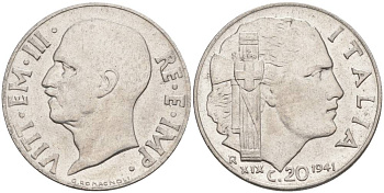 ИТАЛИЯ 20 ЧЕНТЕЗИМО 1941 R, ГОД XIX, ВИКТОР ЭММАНУИЛ III (1900-1946) KM 75b, VEM3. 1028 нержавеющая сталь 3853-623