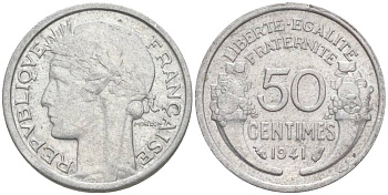 ФРАНЦИЯ 50 САНТИМОВ 1941 ТИП MORLON LOURDE KM 894.1a, LE FRANC 193.2 алюминий 44-257