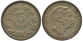 Люксембург 5 сантимов 1901 герцог Адольф (1890-1905) KM 24 медно-никель 4528-267