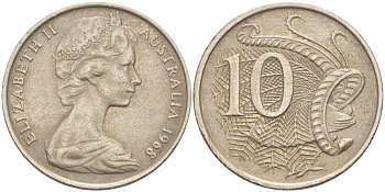 Австралия 10 центов 1968 Елизавета II (1952-), птица лирахвост KM 65 медно-никель 4382-923