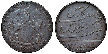 Британская Индия 20 кэш 1803 Британская Ост-Индская компания, Мадрасское президентство KM 321 медь 4117-535