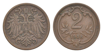 Австрия 2 геллера 1908 Франц Иосиф I (1848-1916) KM 2801 бронза 4639-1024