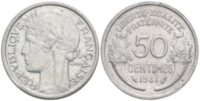 ФРАНЦИЯ 50 САНТИМОВ 1941 ТИП MORLON LOURDE KM 894.1a, LE FRANC 193.2 алюминий 44-257