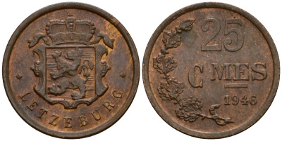 Люксембург 25 сантимов 1946 Шарлотта (1918-1964) KM 45 бронза 4532-314