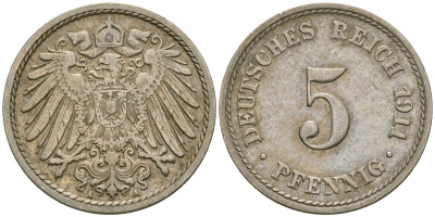 Германия 5 пфеннигов 1911 A KM 11, J. 12, Weege 6 медно-никель 25-1155
