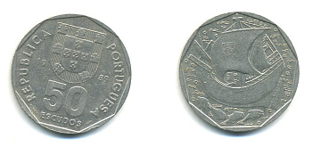 ПОРТУГАЛИЯ 50 ЭСКУДО 1989 КОРАБЛЬ KM 636 медно-никель 54-1321