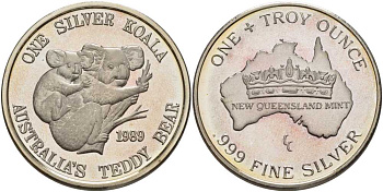 АВСТРАЛИЯ 1 ТРОЙСКАЯ УНЦИЯ 1989 ОДНА СЕРЕБРЯНАЯ КОАЛА, ТРОЙСКАЯ УНЦИЯ, МОНЕТНЫЙ ДВОР НОВОГО КВИНСЛЕНДА серебро PROOF 1078-2-31
