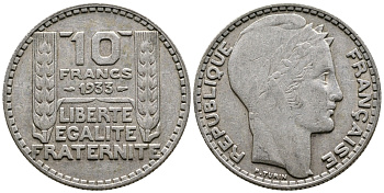 Франция 10 франков 1933 Пьер Тюрен KM 878, Le Franc 360.6 серебро 61-657