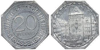 Германия, Нюрнберг - Фюрт 20 пфеннигов ND трамвайный жетон, Дом Нассау алюминий UNC 4119-617