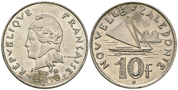 Французская Новая Каледония 10 франков 2010 рыбачья парусная лодка, (IEOM) KM 11a, Schoen 13a, Lec 99k медно-никель 3459-232
