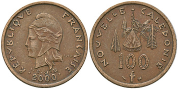 Французская Новая Каледония 100 франков 2000 хижина среди сосен и пальм, (IEOM) KM 15, Schoen 16, Lec 139d никель латунь 4140-1244