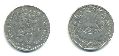 ПОРТУГАЛИЯ 50 ЭСКУДО 1989 КОРАБЛЬ KM 636 медно-никель 54-1321