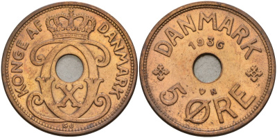 Дания 5 эре 1936 Кристиан X (1912-1947) KM 828 бронза 4148-222