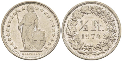 Швейцария 1/2 франка 1974 KM 23а.1 медно-никель aUNC 99-963