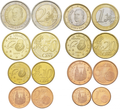 Испания полный евронабор из 8 монет 2004 1, 2, 5, 10, 20, 50 евроцентов, 1 и 2 евро KM 1040, 1041, 1042, 1070, 1071, 1072, 1073, 1074 4685-211-218