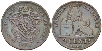 БЕЛЬГИЯ 2 САНТИМА 1902 BELGES KM 35.1 медь 110-153