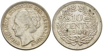 Нидерланды 10 центов 1944 Вильгельмина (1890-1948) KM 163 серебро aUNC 66-1249