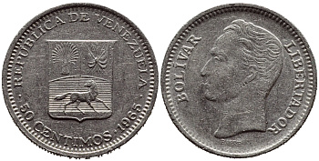 Венесуэла 50 сентимо 1965 Симон Боливар KM 41, Schon 51 никель 4392-1318