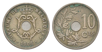 Бельгия 10 сантимов 1906 Belgique, Леопольд I (1865-1909) KM 52 медно-никель 4615-1029