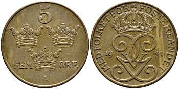 Швеция 5 эре 1941 Густав V (1907-1950) KM 779.2 бронза 4394-421