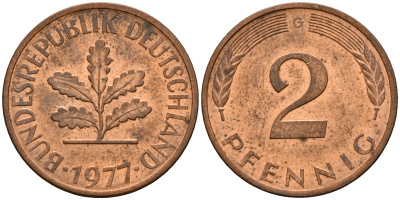 ФРГ 2 пфеннига 1977 G KM 106a, J.381a сталь плакированная медью  4598-835
