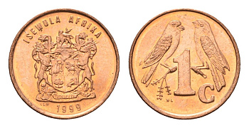 ЮАР 1 цент 1999 герб, капские воробьи KM 170 сталь плакированная медью UNC 4694-242