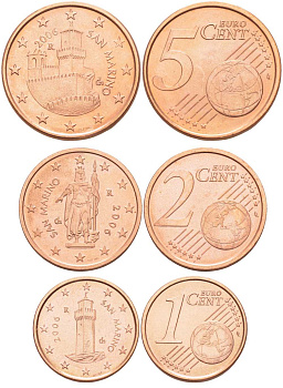 САН-МАРИНО ЛОТ ИЗ 3 МОНЕТ 2006 (1, 2, 5 ЕВРОЦЕНТОВ) KM 440, 441, 442 сталь плакированная медью UNC N4-66