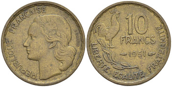 Франция 10 франков 1951 петух KM 915.1, Le Franc 363.4 алюминиевая бронза 4551-325